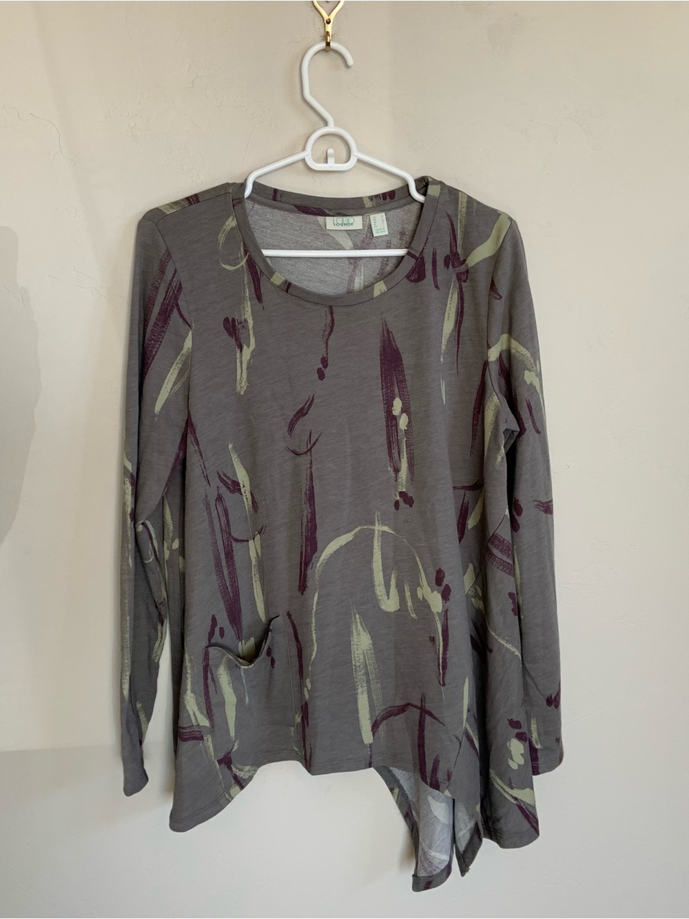 LOGO Lounge Abstract Stretch Long Sleeve Asymmetrical Pocket Tunic Top Size M